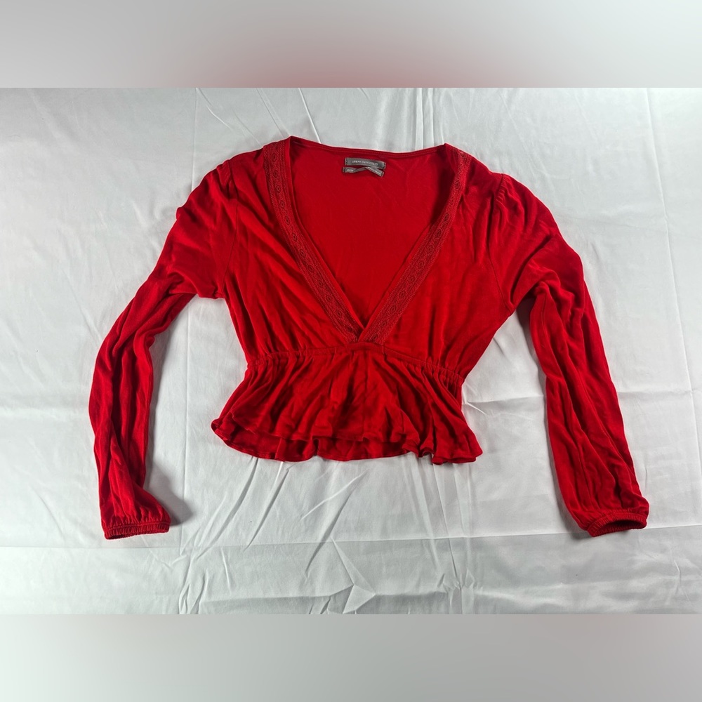 Women's Urban Outfitters Red Bell Sleeve Sheer V Neck Top Size XS